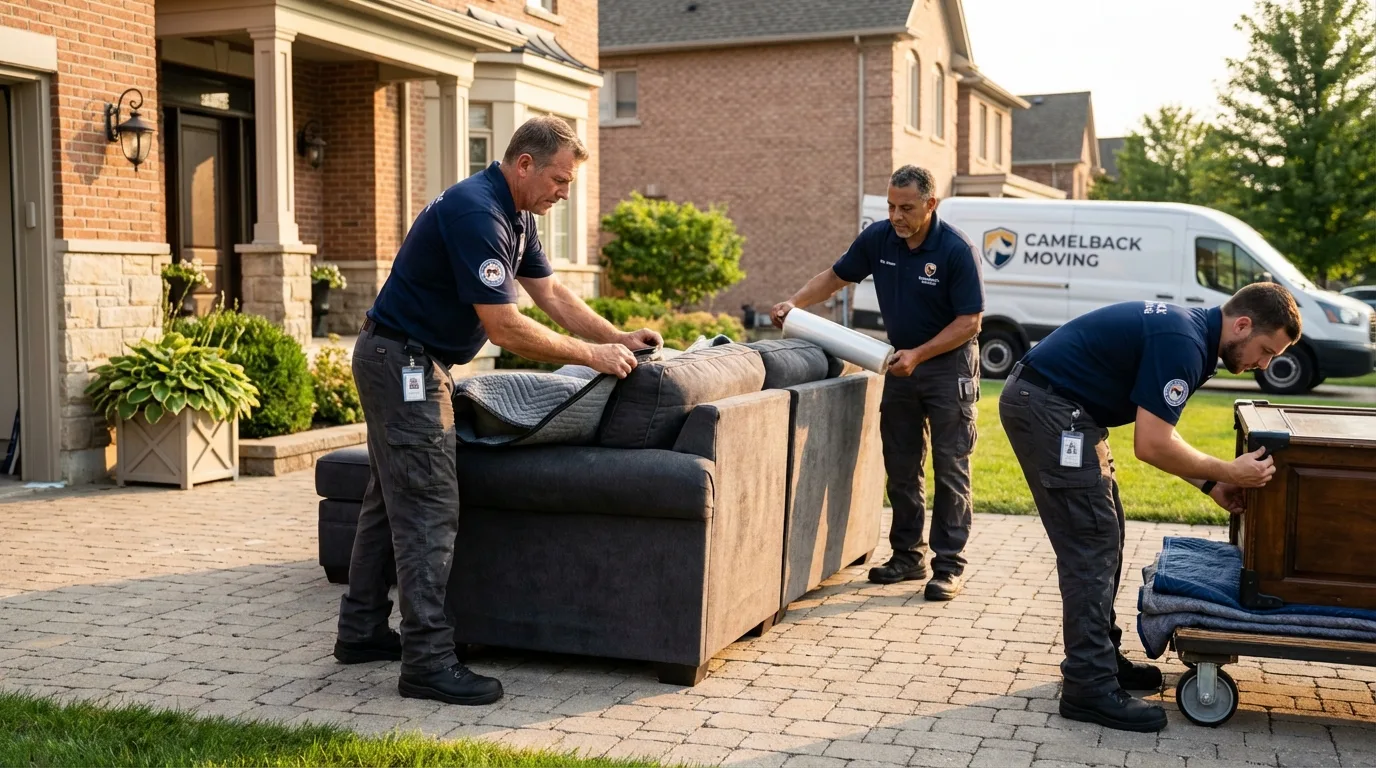 Large estate moving crew wrapping furniture in Walcott, IA