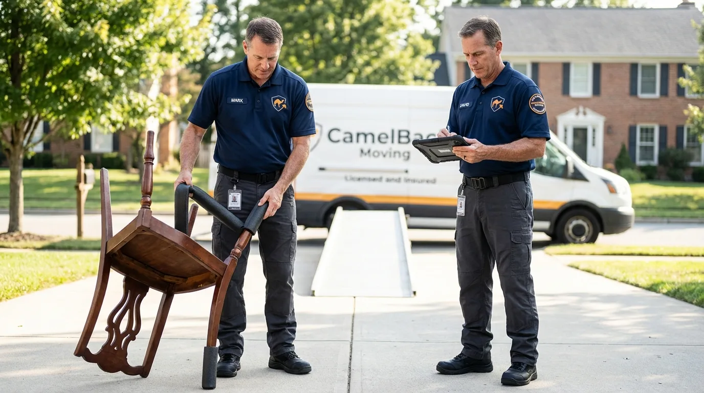 Movers inspecting furniture for damage prevention before loading in Walcott, IA